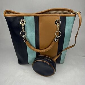 Talbots Colorblock Tote Bag Leather Gold Handbag Purse Navy Blue Camel 11" X 12"